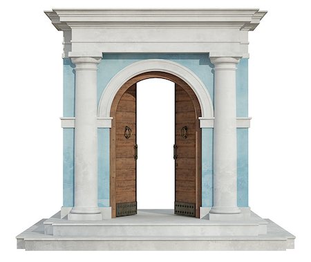 simsearch:400-07038923,k - Front view of a classic portal in tuscany order  with open door isolated on white - 3D Rendering Stock Photo - Budget Royalty-Free & Subscription, Code: 400-08261674