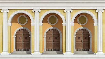 simsearch:400-04691130,k - Classic colonnade with three wooden front doors - 3D Rendering Photographie de stock - Aubaine LD & Abonnement, Code: 400-08261672