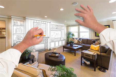 simsearch:400-08498867,k - Male Hands Drawing Entertainment Center Unit Over Photo of Beautiful Home Interior. Foto de stock - Super Valor sin royalties y Suscripción, Código: 400-08261924