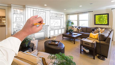 sketching idea - Male Hand Drawing Entertainment Center Unit Over Photo of Beautiful Home Interior. Stock Photo - Budget Royalty-Free & Subscription, Code: 400-08261925