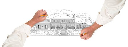 simsearch:400-08498867,k - Male Hands Sketching with Pencil the Outline of a Beautiful House on White. Foto de stock - Super Valor sin royalties y Suscripción, Código: 400-08261926