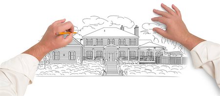 simsearch:400-08498867,k - Male Hands Sketching with Pencil the Outline of a Beautiful House on White. Foto de stock - Super Valor sin royalties y Suscripción, Código: 400-08261927