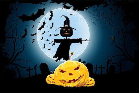 Grungy Halloween Background with Pumpkins, Graveyard, Bats and Scarecrow. Tree silhouette. Stock Photo - Budget Royalty-Free & Subscription, Code: 400-08261970