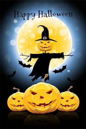 simsearch:400-07774937,k - Halloween Background with Pumpkin and Scarecrow. Flying Bats. Stock Photo - Budget Royalty-Free & Subscription, Code: 400-08261973