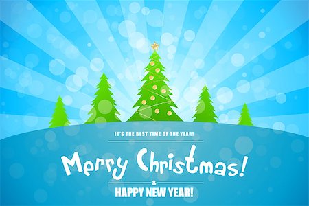Merry Christmas Landscape with Firtree, Rays, Snow ans Stars Stock Photo - Budget Royalty-Free & Subscription, Code: 400-08262052
