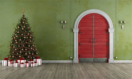 simsearch:400-06396983,k - Vintage entrance with christmas tree,present and old red door - 3D Rendering Stock Photo - Budget Royalty-Free & Subscription, Code: 400-08262376