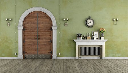 simsearch:400-06396983,k - Retro Home entrance with old portal and vintage radiator- 3D Rendering Stock Photo - Budget Royalty-Free & Subscription, Code: 400-08262384