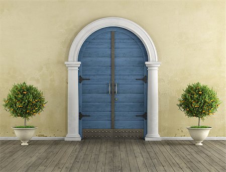 simsearch:400-08427462,k - Retro Home entrance with old portal and blue wooden door - 3D Rendering Stock Photo - Budget Royalty-Free & Subscription, Code: 400-08262385