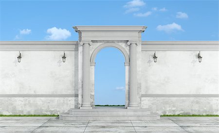 simsearch:400-08427462,k - Old wall fence with stone portal in ionic order on blue sky - 3D Rendering Stock Photo - Budget Royalty-Free & Subscription, Code: 400-08262382