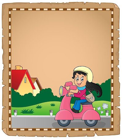 draw bike with people - Parchment with girl on motor scooter - eps10 vector illustration. Stock Photo - Budget Royalty-Free & Subscription, Code: 400-08262696