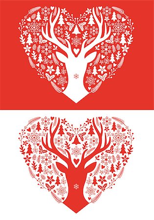 simsearch:400-07115285,k - Christmas card with red heart, deer antlers and hand-drawn ornaments, vector illustration Stock Photo - Budget Royalty-Free & Subscription, Code: 400-08262744