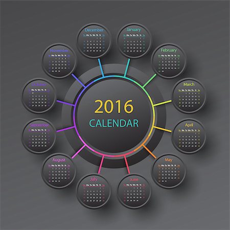 simsearch:400-08262897,k - Black 2016 year circle calendar infographic style Fotografie stock - Microstock e Abbonamento, Codice: 400-08262899