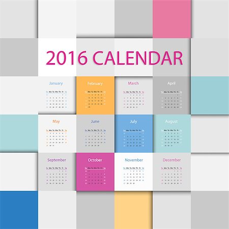 simsearch:400-08194861,k - Simple 2016 year flat square calendar in bright colors Foto de stock - Royalty-Free Super Valor e Assinatura, Número: 400-08262901