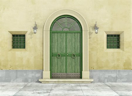 simsearch:400-04691130,k - Detail of an old facade with green doorway and two little windows - 3D Rendering Photographie de stock - Aubaine LD & Abonnement, Code: 400-08262974