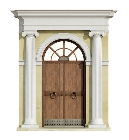 simsearch:400-04691130,k - Front view of a classic portal in ionic order  with wooden door isolated on white - 3D Rendering Photographie de stock - Aubaine LD & Abonnement, Code: 400-08262972
