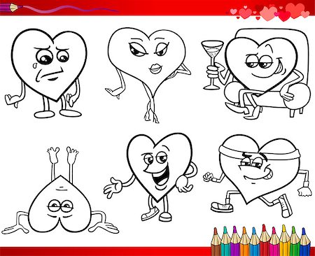 simsearch:400-07754645,k - Valentines Day and Love Themes Collection Set of Black and White Cartoon Illustrations with Heart Characters for Coloring Book Stock Photo - Budget Royalty-Free & Subscription, Code: 400-08263183