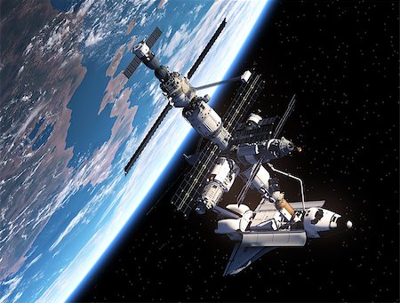 simsearch:400-08221425,k - Space Shuttle And Space Station. 3D Scene. Stockbilder - Microstock & Abonnement, Bildnummer: 400-08263204