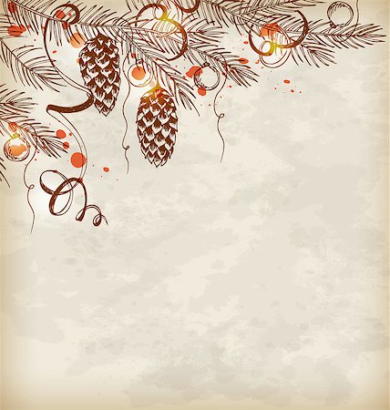 Vintage hand drawn Christmas background with pine branch and cones Foto de stock - Super Valor sin royalties y Suscripción, Código: 400-08263249