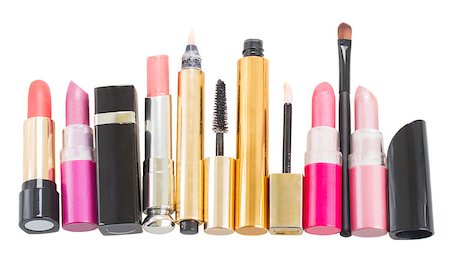 Row of make up cosmetics isolated on white background, top view Stock Photo - Budget Royalty-Free & Subscription, Code: 400-08263297