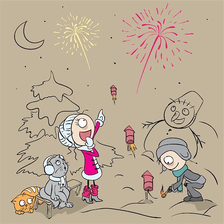 scheu - Man launches fireworks. She enthusiastically looks. Cartoon illustration in vector format Stock Photo - Budget Royalty-Free & Subscription, Code: 400-08263650