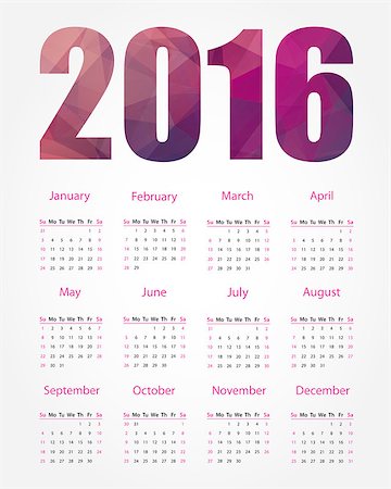 simsearch:400-08194861,k - Simple 2016 year calendar with polygonal header Fotografie stock - Microstock e Abbonamento, Codice: 400-08263685