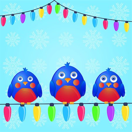 Birds with Seats on Christmas Light Wire. Season Greeting. Vector Illustration. Stock Photo - Budget Royalty-Free & Subscription, Code: 400-08263773