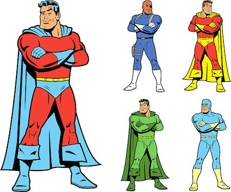 Set of superhero costume variations, including the classic superhero with confident smile and arms crossed in hero stance. Includes 4 additional superhero variations. Stock Photo - Budget Royalty-Free & Subscription, Code: 400-08263942
