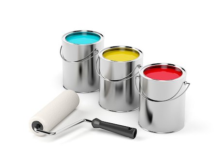 simsearch:400-08796801,k - Paint roller and paint canisters with yellow, turquoise and red paints Stockbilder - Microstock & Abonnement, Bildnummer: 400-08284144