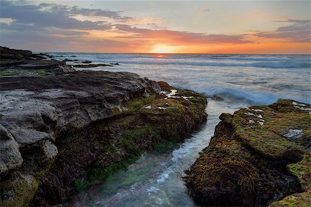 Dawn breathes its first light upon the land as the rhythym of the ocean  brings soothing sounds along the broken shoreline Stock Photo - Budget Royalty-Free & Subscription, Code: 400-08284238