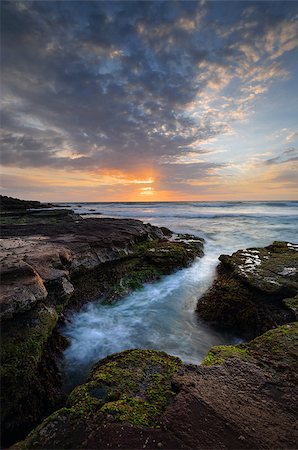 Beautiful coastal sunrise with tidal ocean flows into craggy eroded rock channel growing green and red moss or algae Stock Photo - Budget Royalty-Free & Subscription, Code: 400-08284240