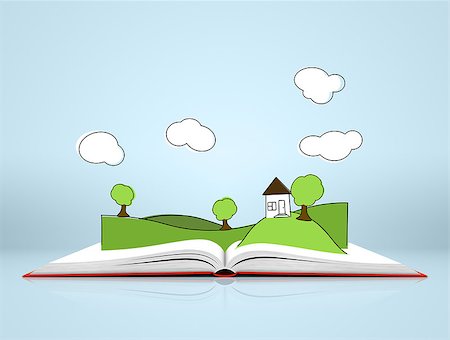 simsearch:400-04284665,k - Illustration of green landscape with hills covered grass and tree on open book on blue background with clouds Stock Photo - Budget Royalty-Free & Subscription, Code: 400-08284350