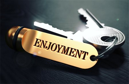 simsearch:400-08289045,k - Keys and Golden Keyring with the Word Enjoyment over Black Wooden Table with Blur Effect. Toned Image. Stock Photo - Budget Royalty-Free & Subscription, Code: 400-08284437
