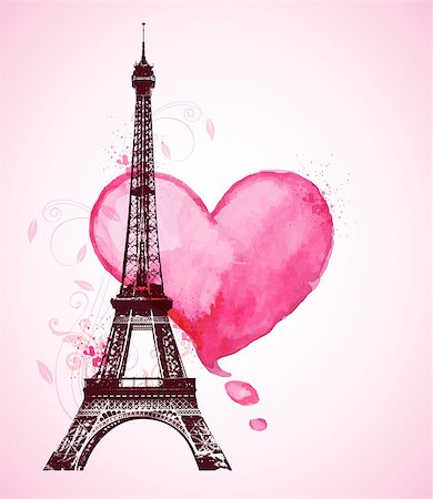 simsearch:400-07897102,k - Romantic Valentine background with red watercolor heart and Eiffel Tower Stock Photo - Budget Royalty-Free & Subscription, Code: 400-08284565