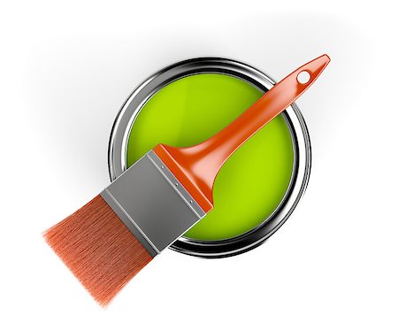 simsearch:400-08796801,k - Orange paintbrush and paint can with green color, top view Stockbilder - Microstock & Abonnement, Bildnummer: 400-08284581