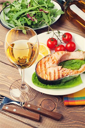 simsearch:400-04290144,k - Grilled salmon and whtie wine on wooden table. Toned Stock Photo - Budget Royalty-Free & Subscription, Code: 400-08284671