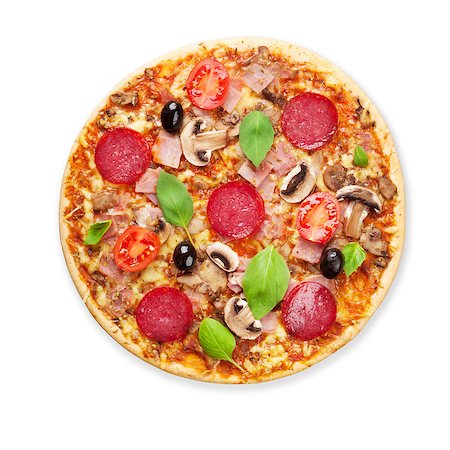 pepperoni overhead - Italian pizza with pepperoni, tomatoes, olives and basil. Isolated on white background Stock Photo - Budget Royalty-Free & Subscription, Code: 400-08284687