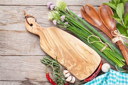 Fresh herbs and spices on wooden table. Top view with copy space Stock Photo - Budget Royalty-Free & Subscription, Code: 400-08284735