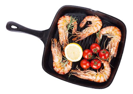 penaeus monodon - Grilled shrimps on frying pan. Isolated on white background Stock Photo - Budget Royalty-Free & Subscription, Code: 400-08284736