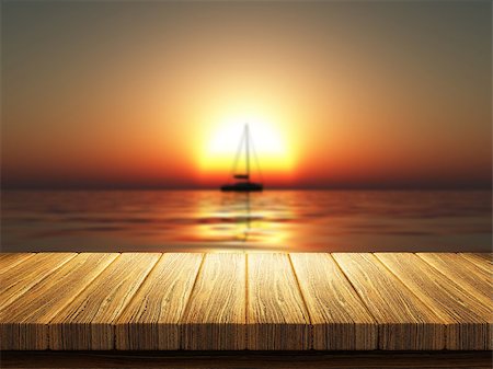 simsearch:400-09068018,k - 3D render of a wooden table with a defocussed image of a yacht on a sunset ocean Stock Photo - Budget Royalty-Free & Subscription, Code: 400-08285041