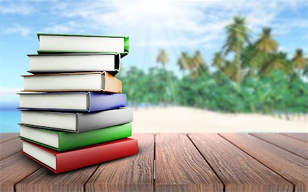simsearch:400-09068018,k - 3D render of a stack of books on a wooden table looking out to a palm tree beach Stock Photo - Budget Royalty-Free & Subscription, Code: 400-08285079