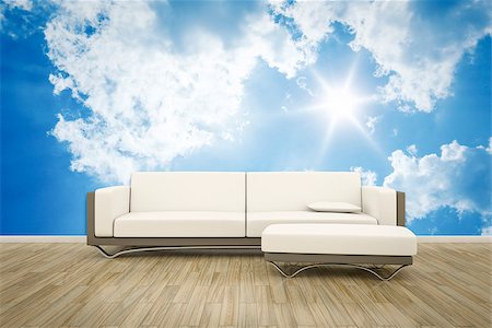 3D rendering of a sofa in front of a photo wall mural blue sky Stock Photo - Budget Royalty-Free & Subscription, Code: 400-08285288