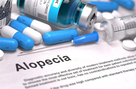 Diagnosis - Alopecia. Medical Concept with Blue Pills, Injections and Syringe. Selective Focus. Blurred Background. Stockbilder - Microstock & Abonnement, Bildnummer: 400-08285319