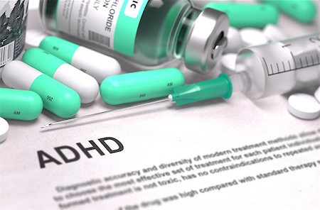ADHD - Printed Diagnosis with Blurred Text. On Background of Medicaments Composition - Mint Green Pills, Injections and Syringe. Foto de stock - Super Valor sin royalties y Suscripción, Código: 400-08285323
