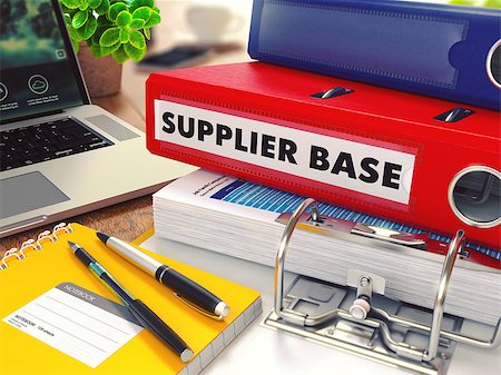 simsearch:400-08286852,k - Supplier Base - Red Office Folder on Background of Working Table with Stationery, Laptop and Reports. Business Concept on Blurred Background. Toned Image. Fotografie stock - Microstock e Abbonamento, Codice: 400-08285331