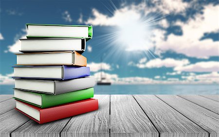 simsearch:400-09068018,k - 3D render of a stack of books on a wooden table looking out to a yacht on the ocean Stock Photo - Budget Royalty-Free & Subscription, Code: 400-08285524