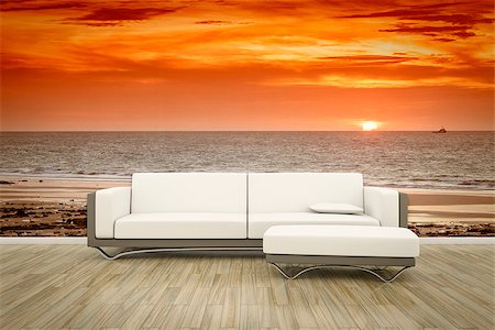 3D rendering of a sofa in front of a photo wall mural ocean sunset Stock Photo - Budget Royalty-Free & Subscription, Code: 400-08285632