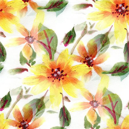 simsearch:400-08285670,k - Seamless pattern with watercolor flowers. Simple yellow flowers on a white background. Foto de stock - Super Valor sin royalties y Suscripción, Código: 400-08285670