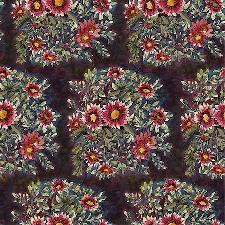 simsearch:400-08285670,k - Seamless pattern with watercolor flowers. Red flowers on a dark background. Drawing ink and watercolor. Foto de stock - Super Valor sin royalties y Suscripción, Código: 400-08286072