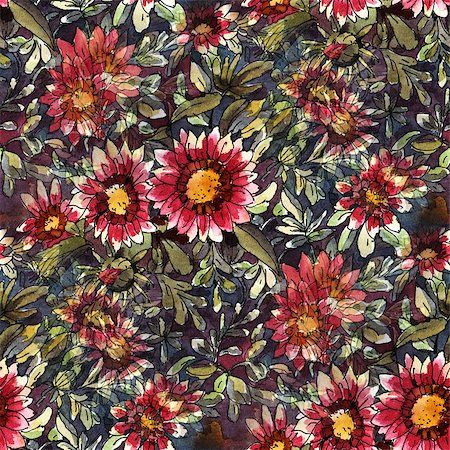 simsearch:400-08285670,k - Seamless pattern with watercolor flowers. Red flowers on a dark background. Drawing ink and watercolor. Foto de stock - Super Valor sin royalties y Suscripción, Código: 400-08286073