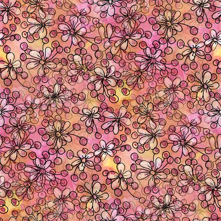 simsearch:400-08290626,k - Seamless pattern with watercolor flowers.  Drawing ink and watercolor. Stock Photo - Budget Royalty-Free & Subscription, Code: 400-08286085